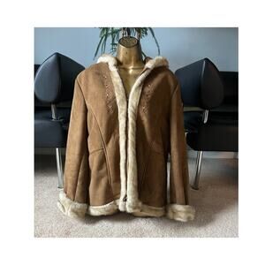 Faux suede coat, faux fur collar, Vintage Esprit w embroidery Sz Large